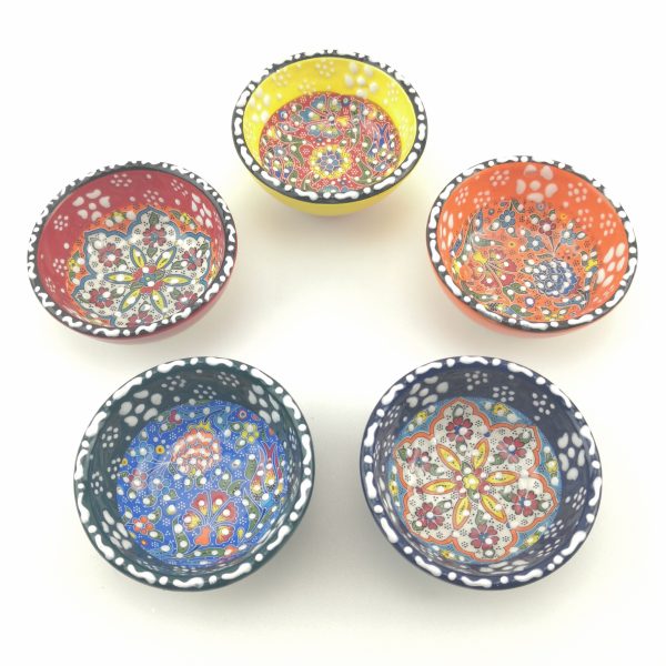 5 Pieces Hand Painted Ceramic Bowls(8cm) - Handmade Turkish Pottery - Xmas Gift