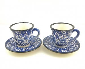 Turkish Coffee(Espresso) Cup Saucer Set Of 2 Porcelain Flowers Design - Blue - White