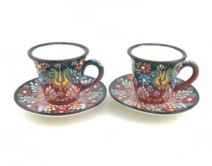 Turkish Coffee(Espresso) Cup Saucer Set Of 2 Porcelain Flowers Design - Red - Dark Green