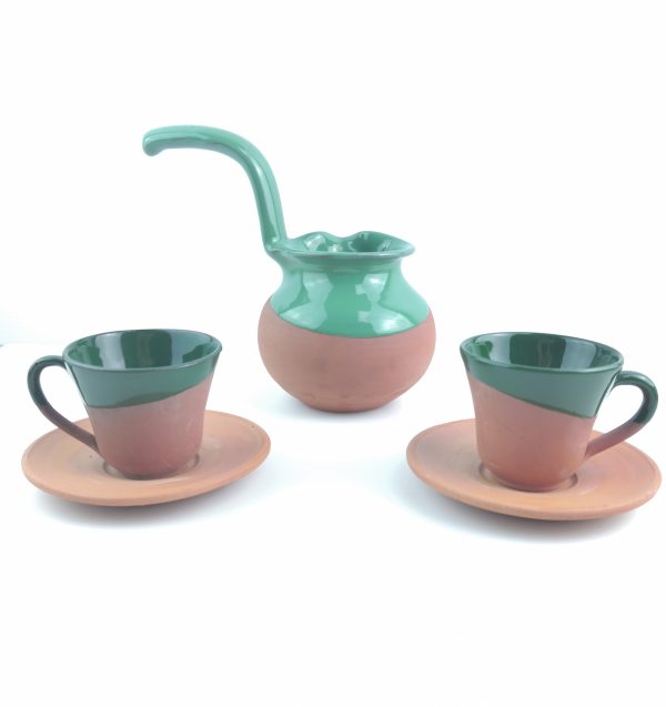 Turkish Coffee - Coffee Pot,Cup(2 Pcs),Saucer(2 Pcs) Set - Handmade Clay