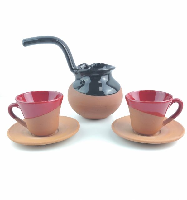 Turkish Coffee-Coffee Pot,Cup(2 Pcs),Saucer(2 Pcs) Set - Handmade Clay