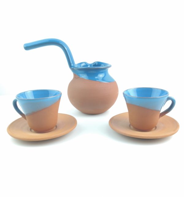 Turkish Coffee - Coffee Pot,Cup(2 Pcs),Saucer(2 Pcs) Set - Handmade Clay