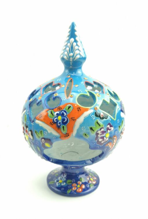 Hand Painted Ceramic Candle Holder - Handmade Turkish Pottery - Blue-Light Blue