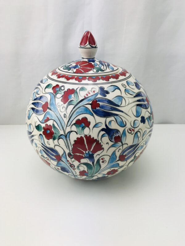 Beautiful Iznik 18 cm Diameter  Ceramic Globe  Vase / Jar with Lid