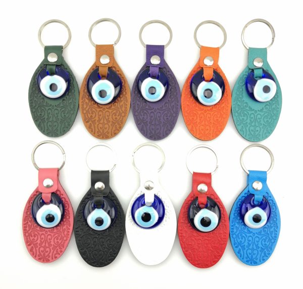 Handmade Various Leather Oval Keyring - Lucky Evil Eye Good Luck Charm