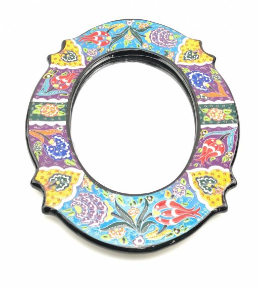Hand Painted Ceramic Framed Ellipse Mirror - Handmade Turkish Pottery - Light Blue