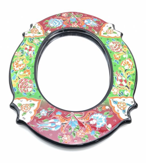 Hand Painted Ceramic Framed Ellipse Mirror - Handmade Turkish Pottery - Red