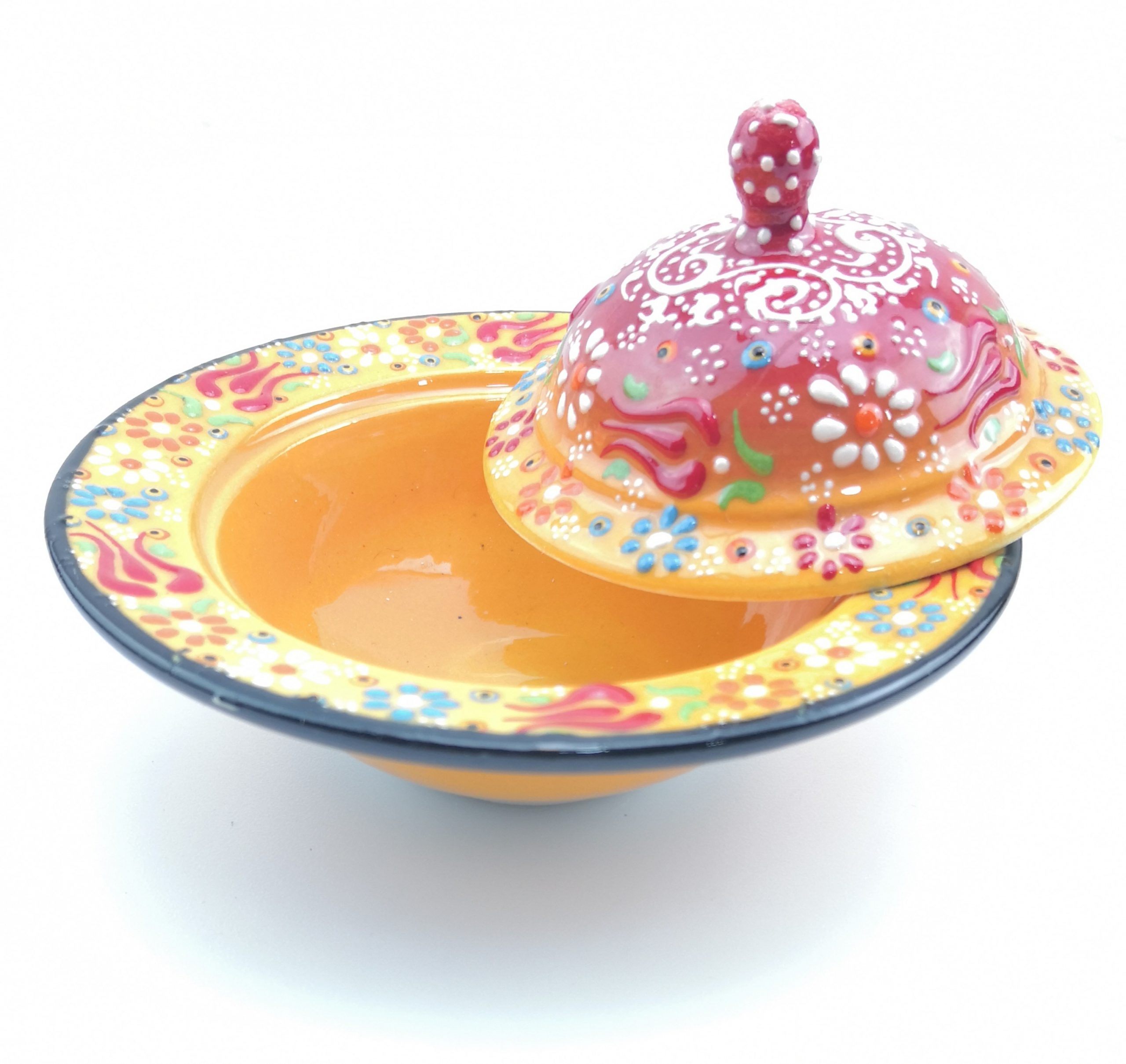Handmade Ceramic Sugar Bowl With Lid - Hand Painted Turkish Pottery - Yellow