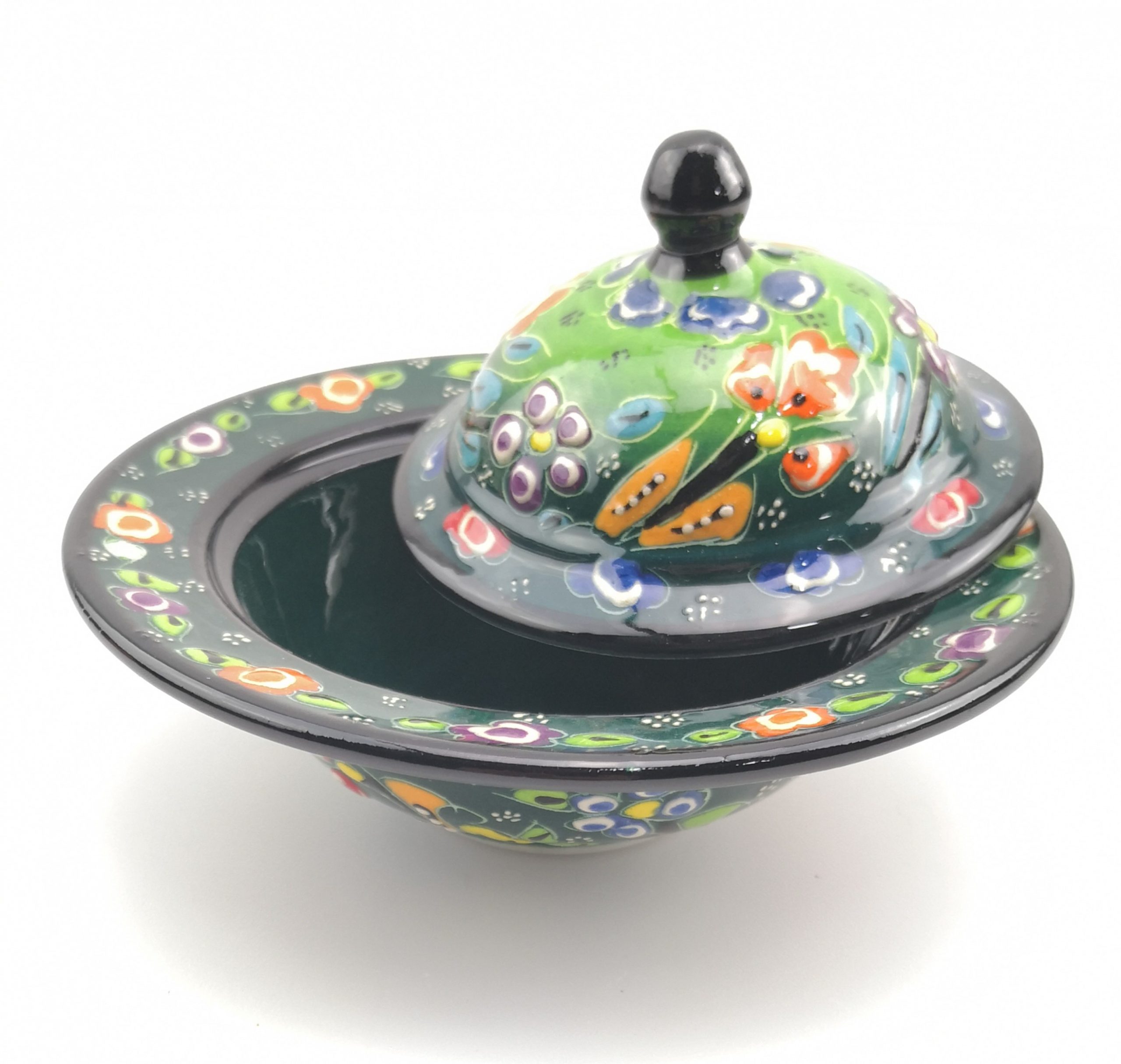 Handmade Ceramic Sugar Bowl With Lid - Hand Painted Turkish Pottery - Dark Green
