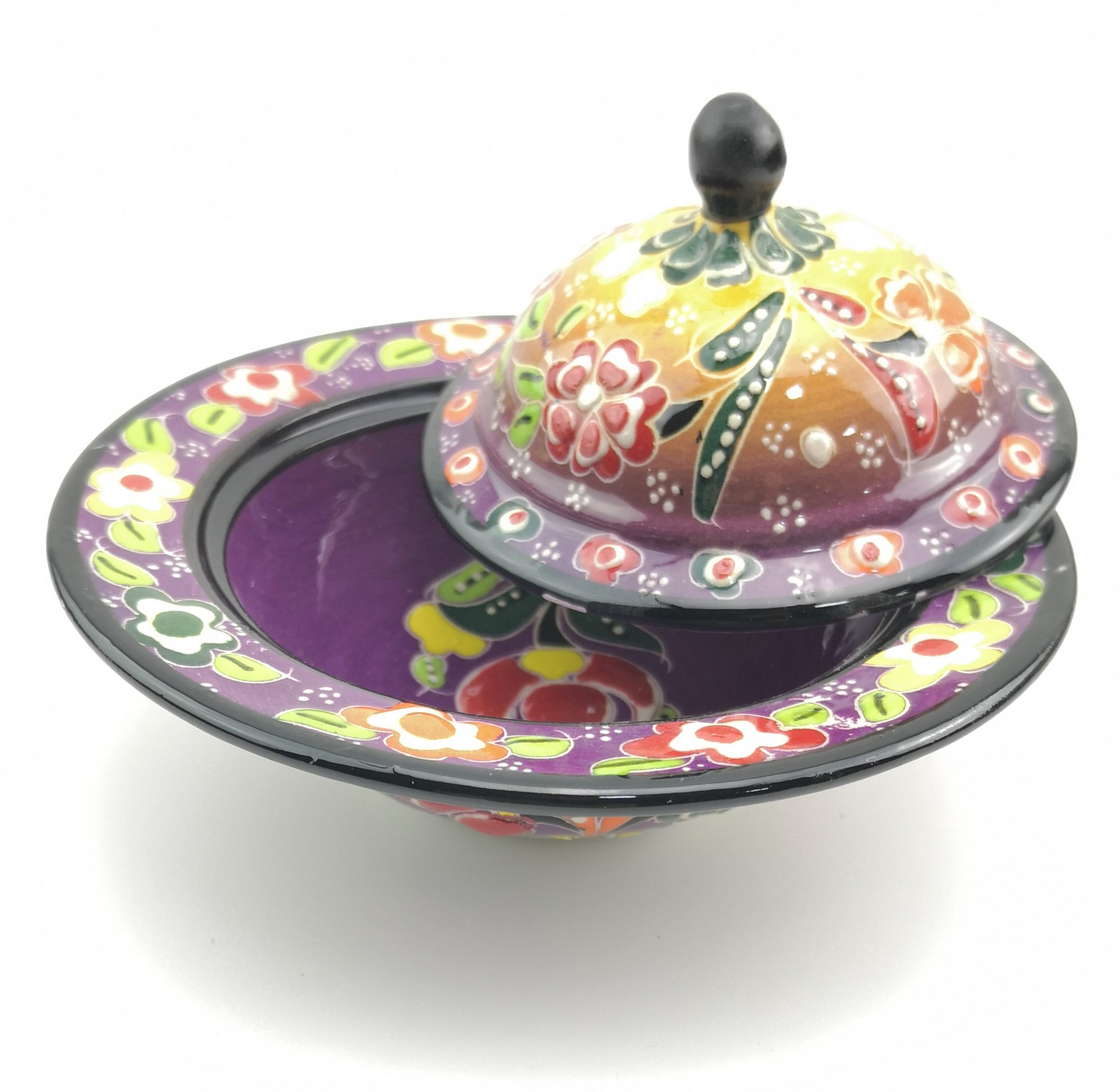 Handmade Ceramic Sugar Bowl With Lid - Hand Painted Turkish Pottery - Purple