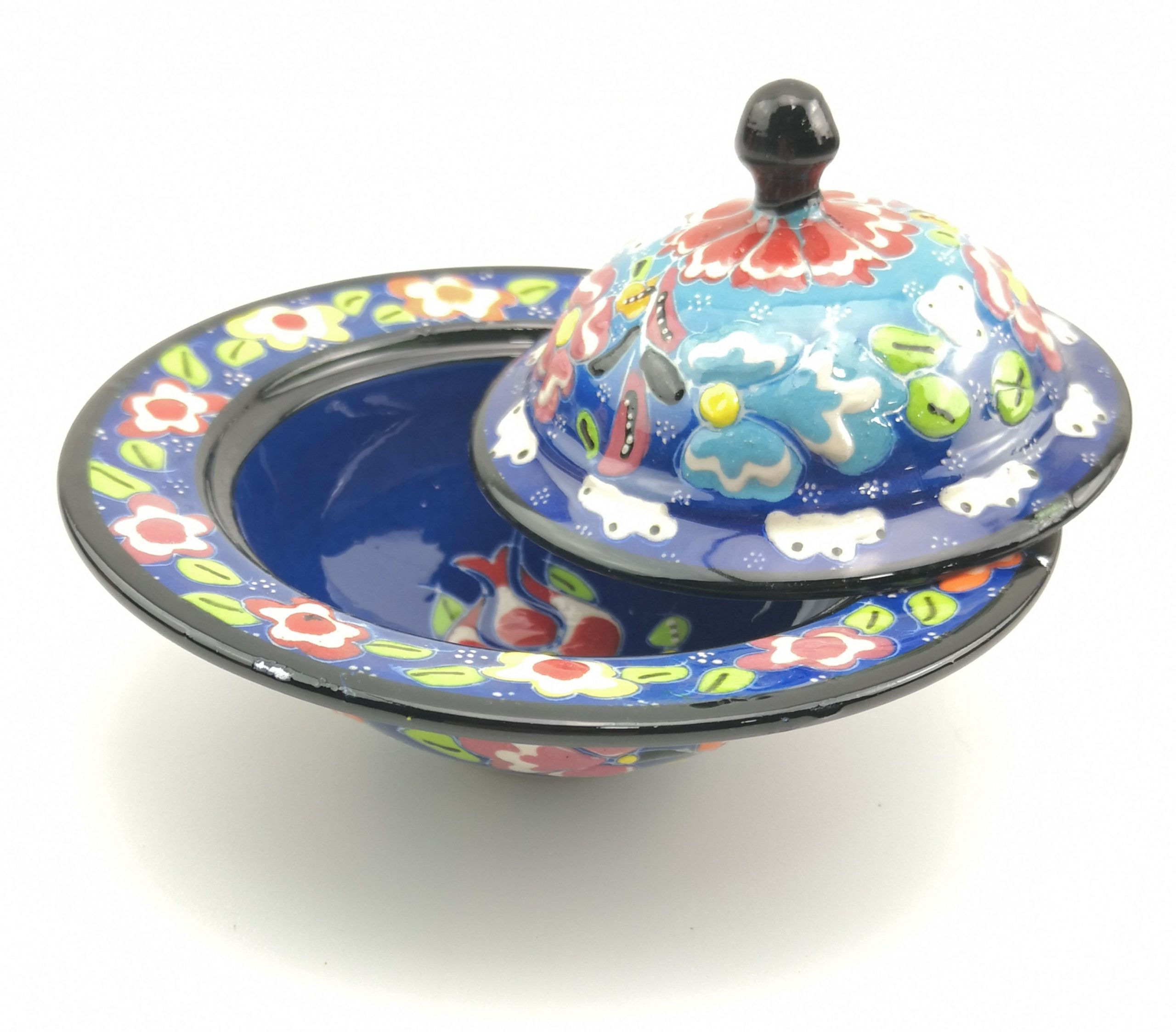Handmade Ceramic Sugar Bowl With Lid - Hand Painted Turkish Pottery - Blue