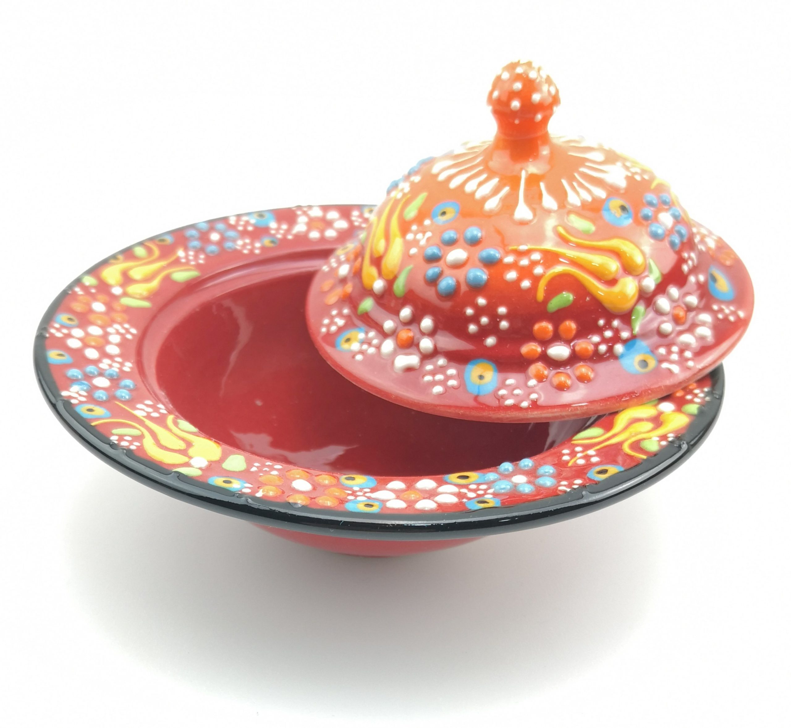 Handmade Ceramic Sugar Bowl With Lid - Hand Painted Turkish Pottery - Red
