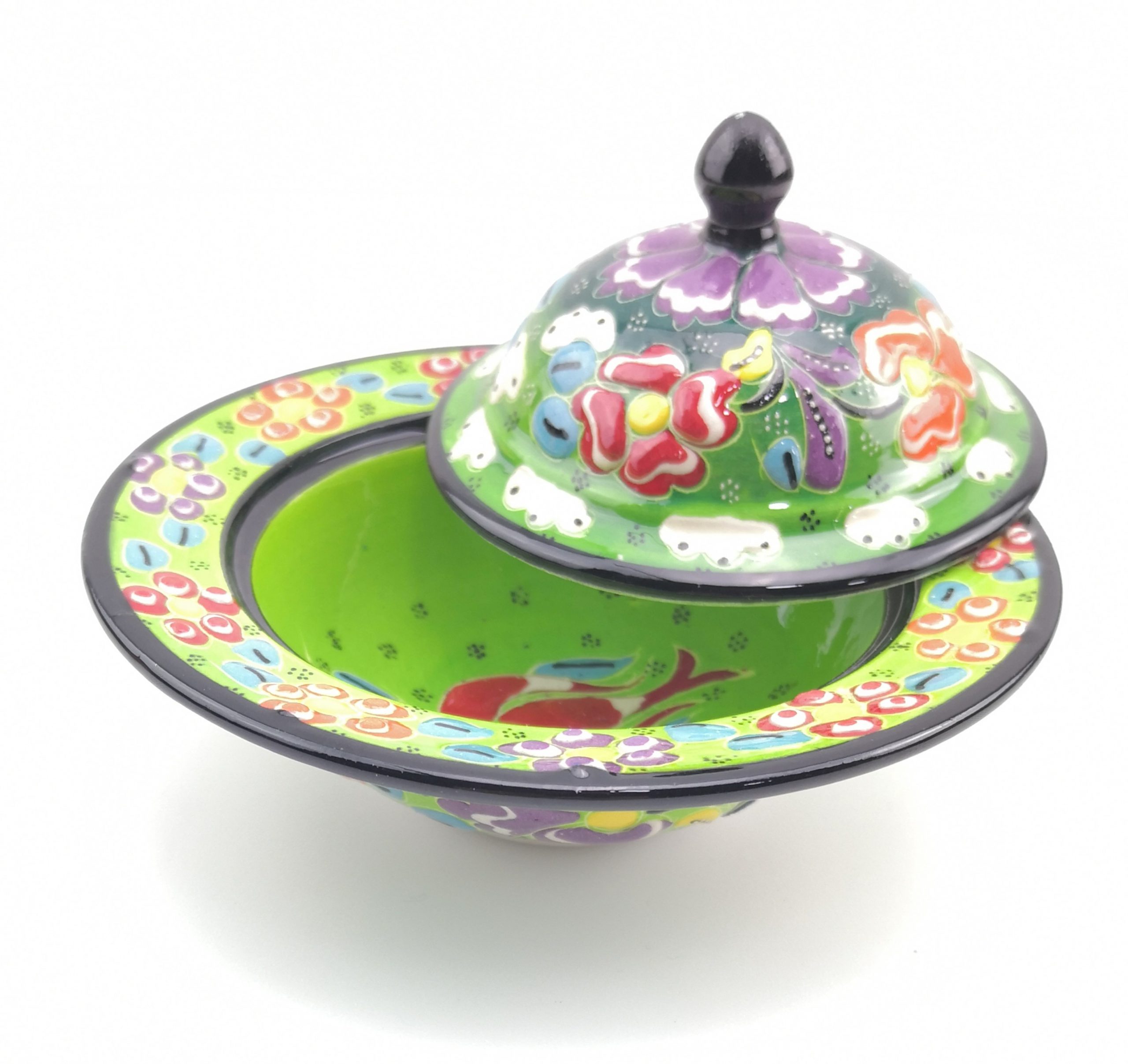 Handmade Ceramic Sugar Bowl With Lid - Hand Painted Turkish Pottery - Green