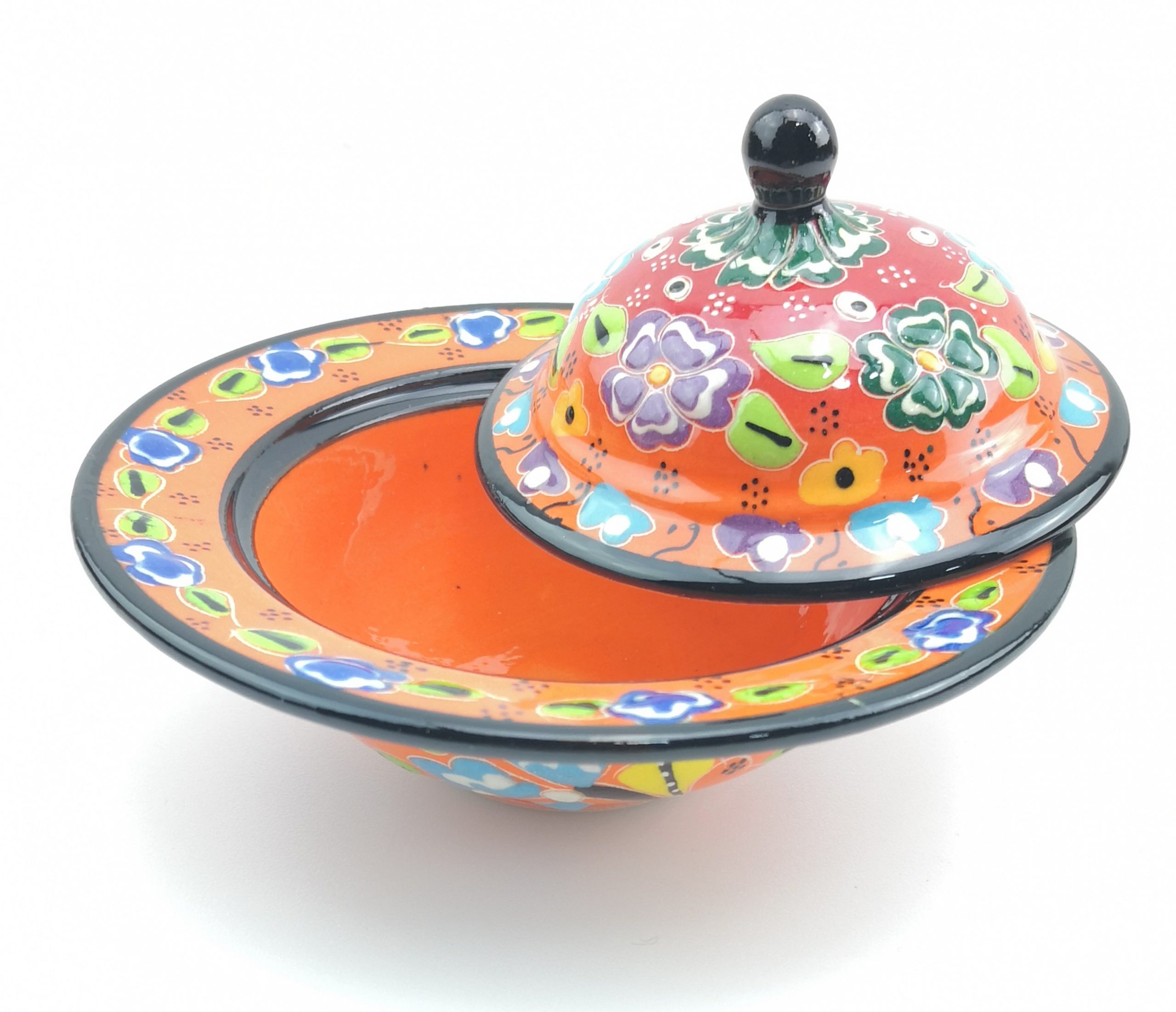 Handmade Ceramic Sugar Bowl With Lid - Hand Painted Turkish Pottery - Orange