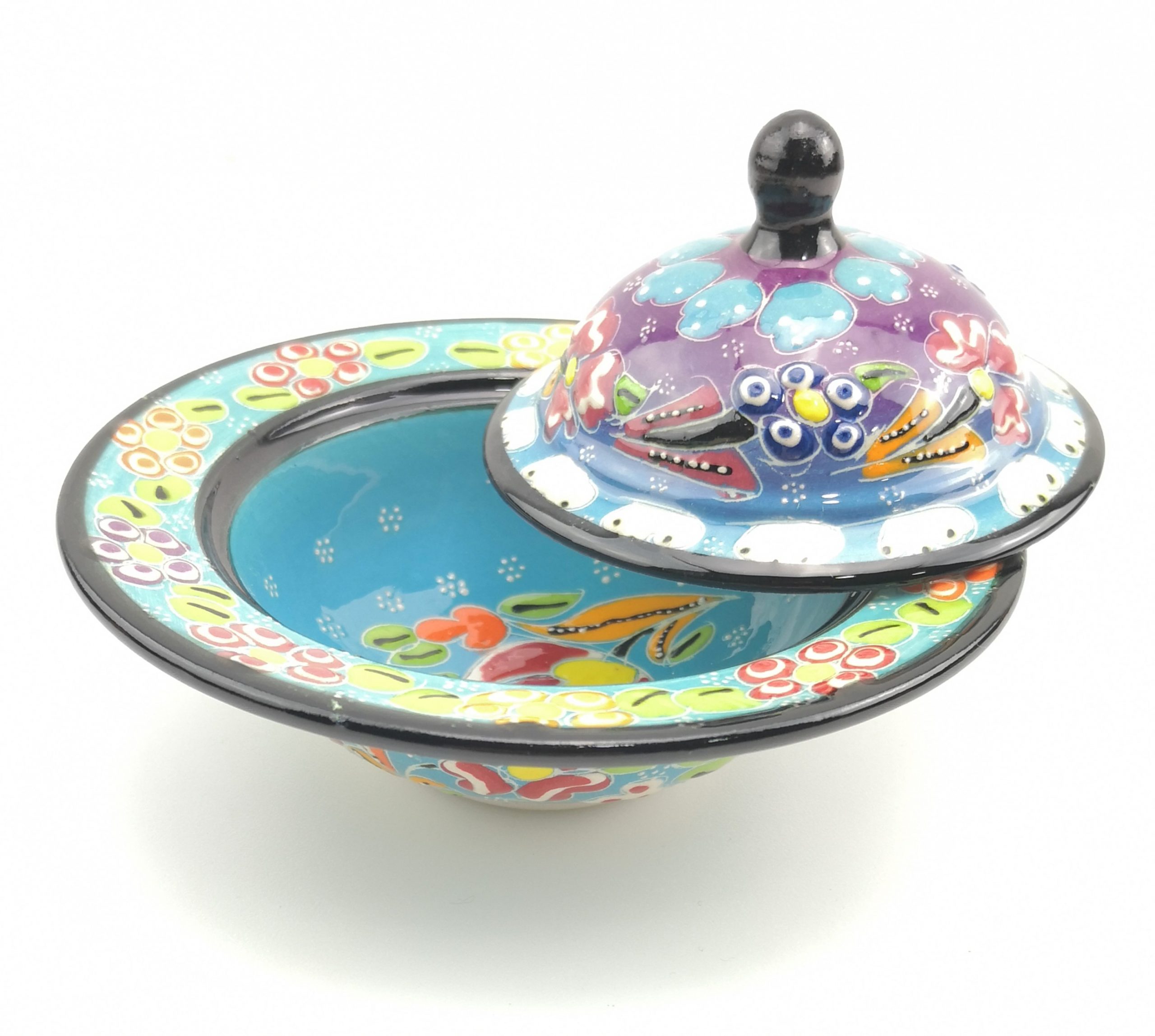 Handmade Ceramic Sugar Bowl With Lid - Hand Painted Turkish Pottery - Turquoise