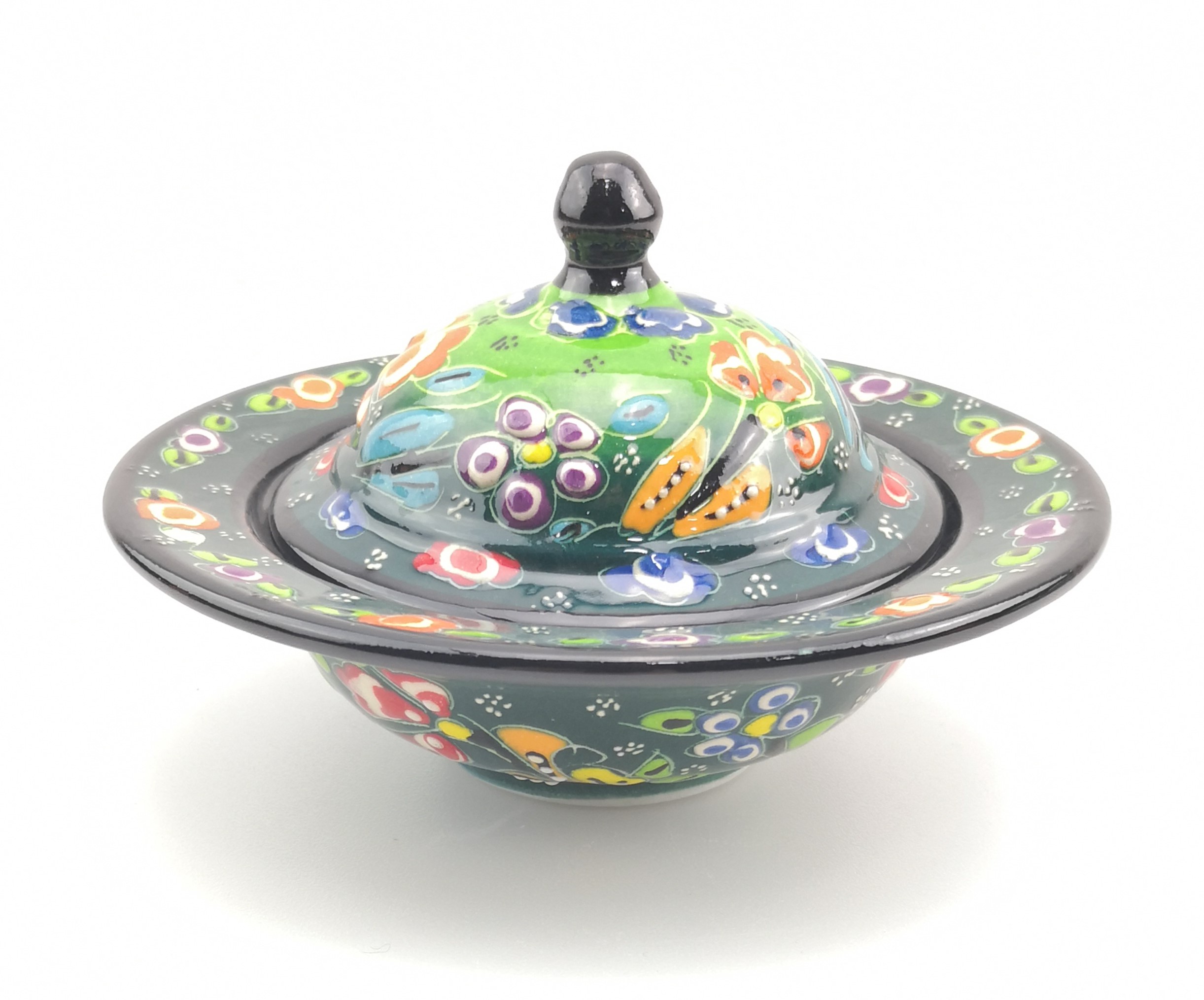 Handmade Ceramic Sugar Bowl With Lid - Hand Painted Turkish Pottery