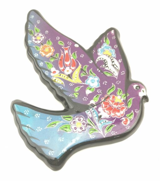 Hand Painted Wall Hanging Ceramic Bird - A Beautiful Turkish Ethnic Design - Purple-Light Blue