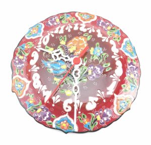 Hand Painted Ceramic Wall Clock(18 cm) - Handmade Turkish Pottery Wall Hanging - Red