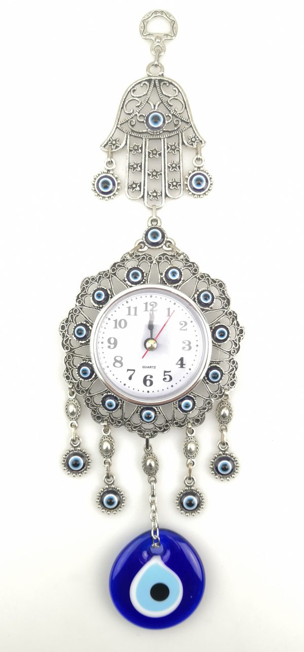 Handmade Wall Clock - Hand of Hamsa - Evil Eye - Nazar Alloy - Wall Hanging