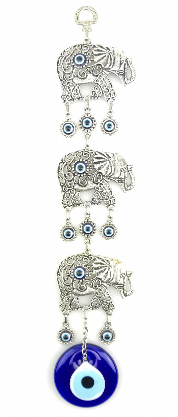 Handmade Wall Hanging - Three Elephants Evil Eye - Nazar Alloy