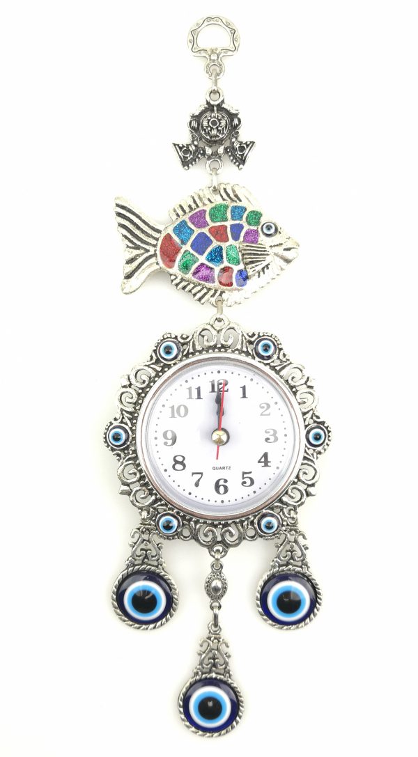 Handmade Wall Clock - Fish Wall Hanging - Evil Eye - Nazar Alloy