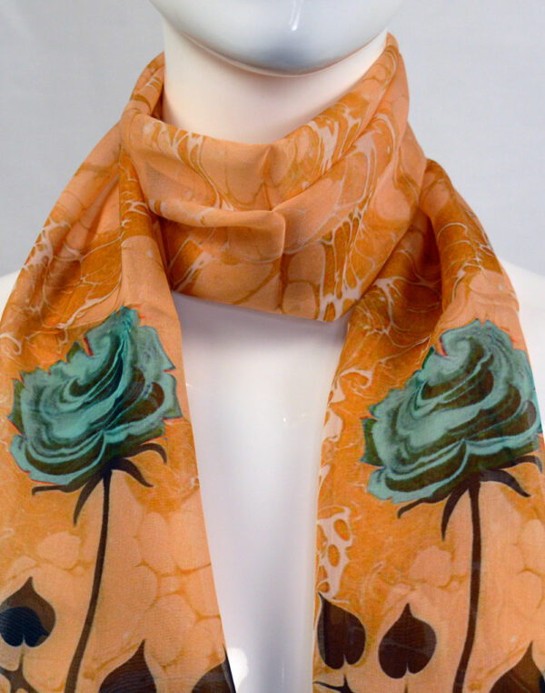 100% Pure Silk Orange and Floral Pattern Marbled Scarf - Image 3