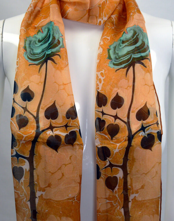 100% Pure Silk Orange and Floral Pattern Marbled Scarf - Image 4