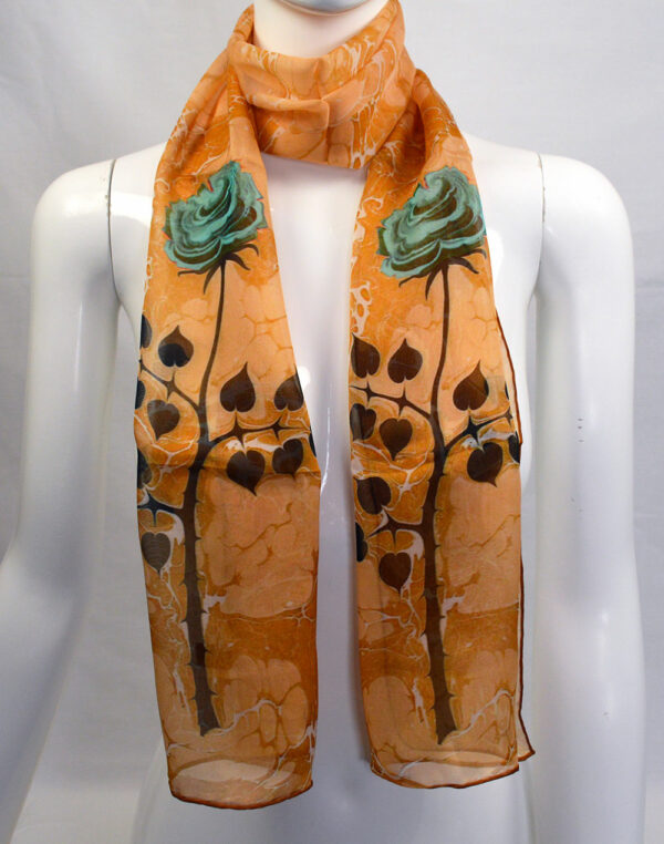 100% Pure Silk Orange and Floral Pattern Marbled Scarf