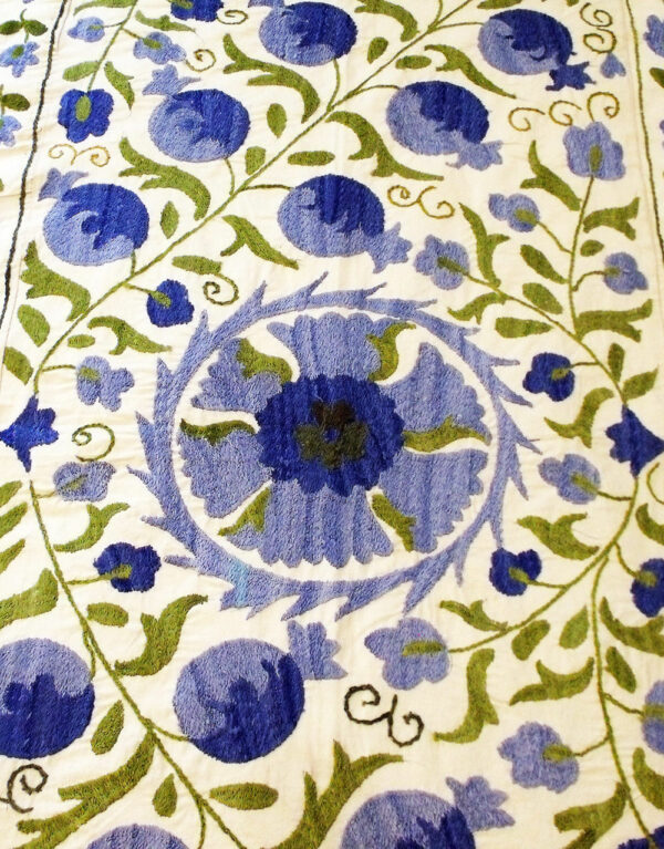Handmade Blue Floral Pattern Suzani Embroidery Bedspread